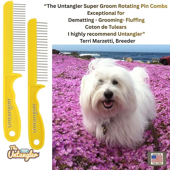 Super-Groom Combs with Smooth Rotating Teeth for Painless Mat Removal (30 Fine-Spaced Teeth, Sun Yellow)