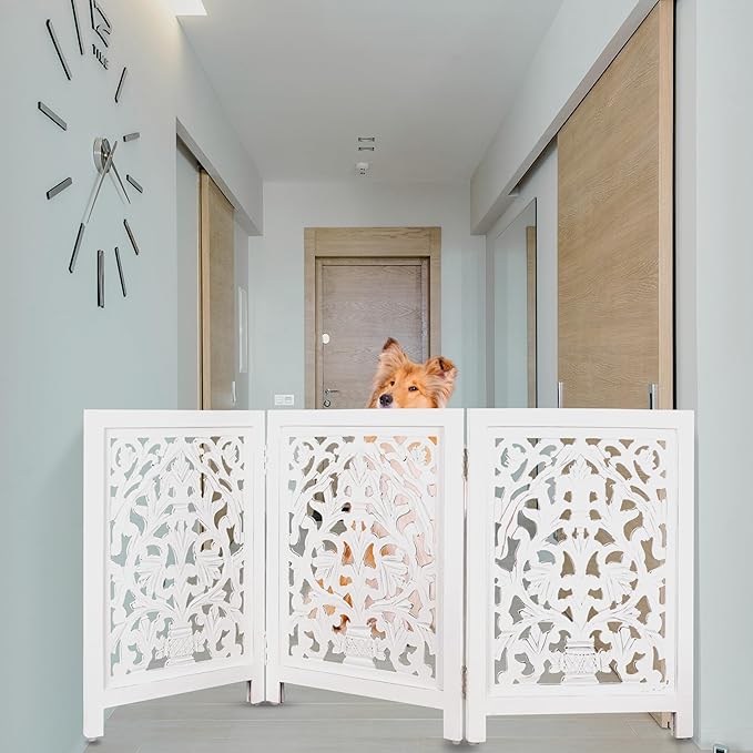 Decorative Wooden Pet Gate, Dog Fence, Cat Gate, Foldable, Adjustable, Portable, Extra-Wide, Wooden Dog Barrier, Free-Standing Puppy Gate 3 Panels for Indoor, Doorways, Stairs-24x54 Inch Antique White