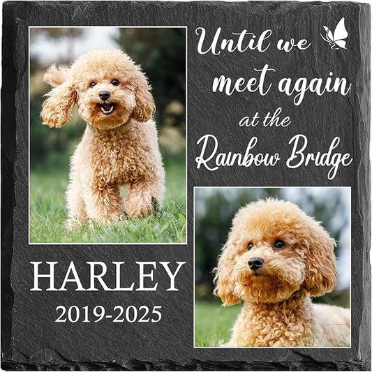 Custom Pet Memorial Stone - Dog Memorial Stone for Loss of Pet - Personalized Pet Headstone with Multiple Photo - Outdoor Garden Indoor Dog Cat Loss Bereavement Gift for Pet Lovers (07)