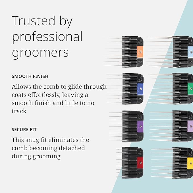 Wahl Pro Animal Stainless Steel Attachment Guide Comb Set for Detachable Blade Clippers - KMC+, KM10+, KM2+, KM Velocity, Supera, Inspire, Thick-Curly - Pet, Dog, Cat, & Horse Grooming - Multicolor 1