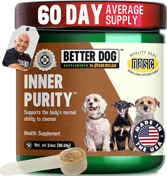 Better Dog Supplements Inner Purity by Cesar Millan – Natural Digestive, Dewormer & Gut Health Powder for Dogs – Internal Cleanliness, Detox & Bowel Movement Support – 3.4oz, (60-Day Supply)