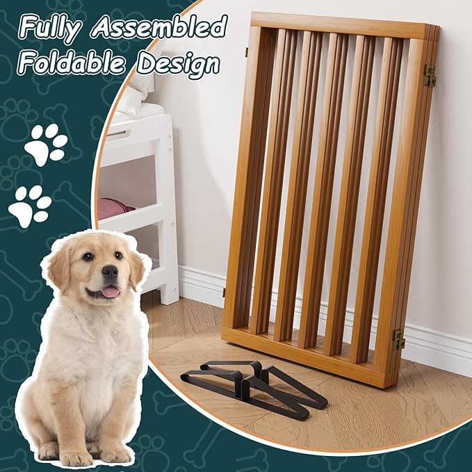 Semiocthome Freestanding Dog Gate 32" Tall, 3-Panel Foldable Dog Gates for Doorways Stairs House, Pet Gate Indoor with 2 Metal Stands, Walnut