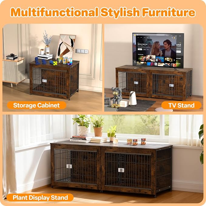 Furniture Style Dog Crate, 32" Wooden Dog Kennel End Table with Solid Top, Indoor Pet Crate House with Secure Slide Lock, Modern Dog Cage Furniture for Small & Medium Dogs, Aged Black