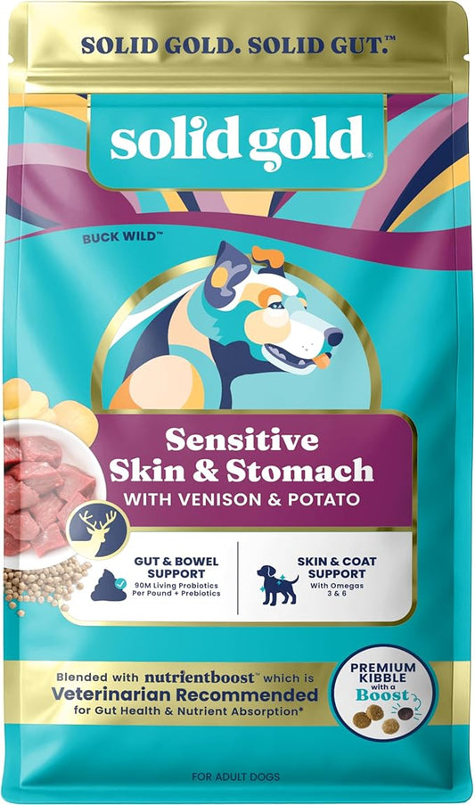 Solid Gold Dry Dog Food for Sensitive Stomachs - Grain Free & Gluten Free w/Venison, Pumpkin & Probiotics for Gut Health & Digestion - Sensitive Stomach Dog Food for All Ages - Nutrientboost –3.75LB