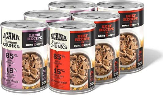 ACANA Premium Chunks in Bone Broth Grain-Free Wet Dog Food Variety Pack: Beef + Lamb Recipes 12.8oz Cans (6 Count, 3 of Each)