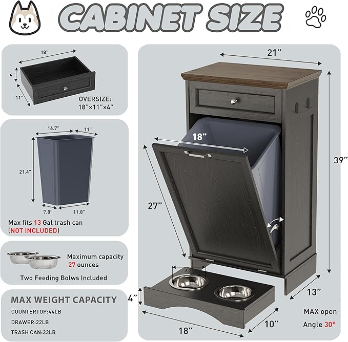 FIMELLO Dog Feeding Station, Tilt-Out Dog Food Storage Cabinet with Drawer,Pet Feeder Cabinet,Black Grain