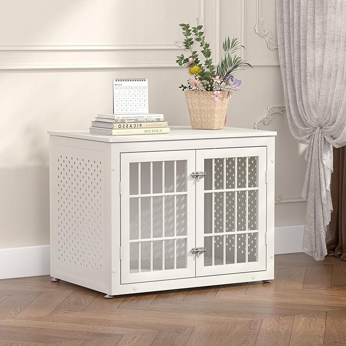32" Heavy Duty Dog Crate Furniture for Small and Medium Dogs, Metal Kennel for High Anxiety Dogs, Chew Proof Pet Cage Indoor, Decorative Dog Kennel End Table, White