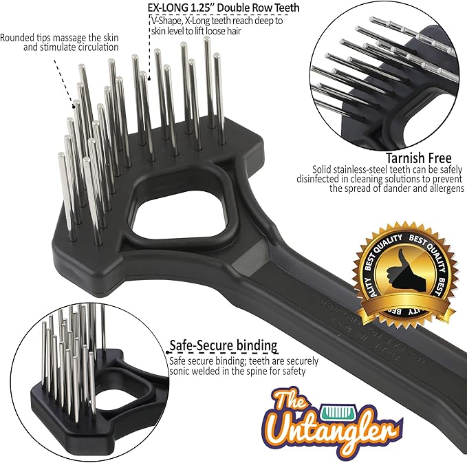 Undercoat Mini-Rakes for Effective Dematting and Grooming Dogs and Cats has V-Shape Head and Double Row, Stainless-Steel Rotating Teeth (Extra-Long Tooth Mini Rake)