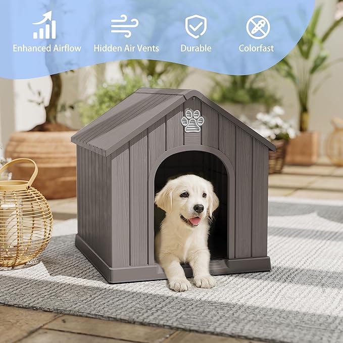 DRATO Indoor & Outdoor Dog Houses, Resin Material Pet Shelter with Waterproof Feature and Ventilated Design,Gray
