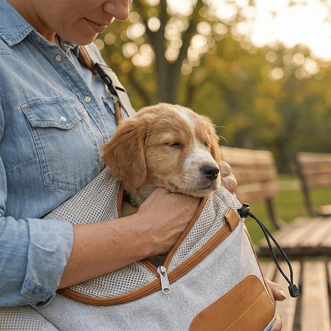 Hands-Free Sling Pet Carrier for Cats and Small Dogs up to 12lbs – Travel Set Includes Foldable Water Bowl & ID Card – Breathable Mesh, Safety Hook & Adjustable Padded Strap for Walking & Travel