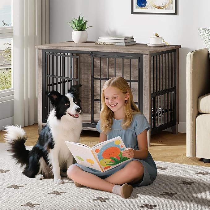 37.7" Dog Crate Furniture, Wooden Dog Kennel Indoor with 360° Rotating Feeder and 2 Adjustable Bowls, Multi-Functional Decorative Side End Table Dog Cage for Medium Dogs, Grey