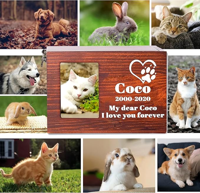 Custom Pet Wood Urn with Print Name Date and Text, Personalised Wood Pet Urn/Ashes Casket with Photo Slot, Custom Pet Urn Souvenir Wood Box for Dog Cat Rabbit and Bird (Print)