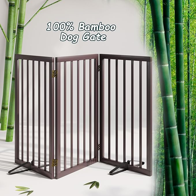 Semiocthome Freestanding Dog Gate 32" Tall, 3-Panel Foldable Dog Gates for Doorways Stairs House, Pet Gate Indoor with 2 Metal Stands, Espresso
