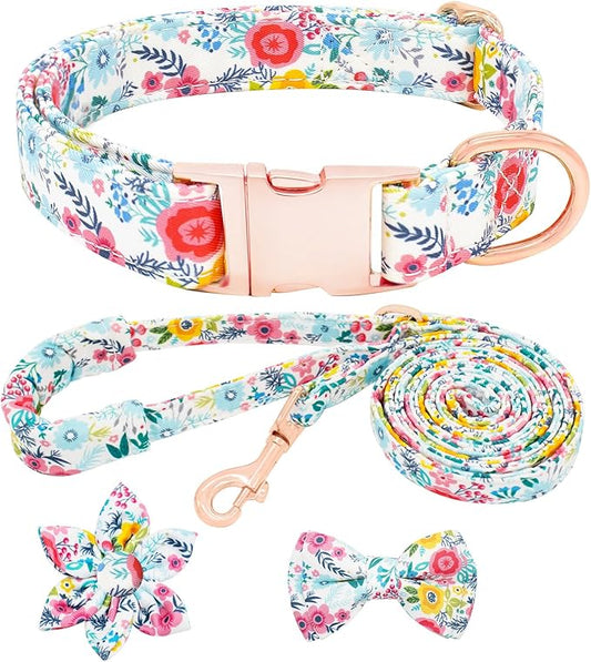 Dog Collar and Leash Set Girls Adjustable Puppy Collars with Floral Bow Tie for Small Medium Large Female Dogs, Teal Flower, S
