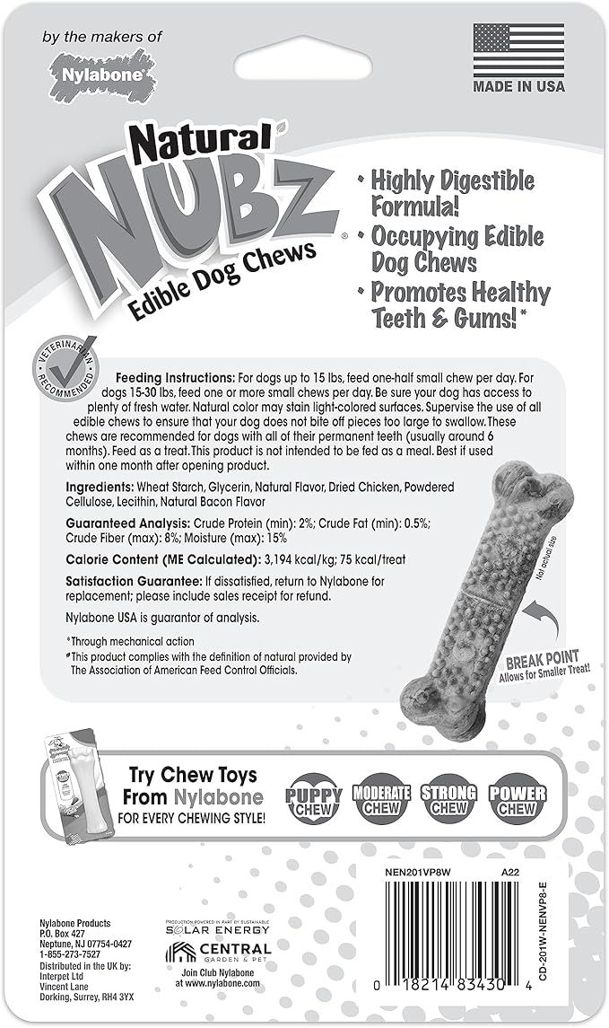 Nylabone Nubz Natural Dog Chew Treats for Small Dogs, Long Lasting Dog Bones Made in USA, Chicken Flavor Breath Freshener Dental Chews, for Dogs Up to 25 lbs. (8 Count)