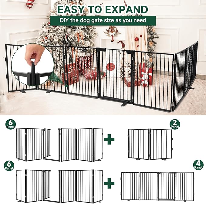 Snagle Paw Full Metal Freestanding Dog Gate with Door, 120” W x 32” H Pet Gate with Support Feet for Doorways, Stairs and Hallways, Portable Dog Fence for Indoor Use (32" 6 Panel, Black)