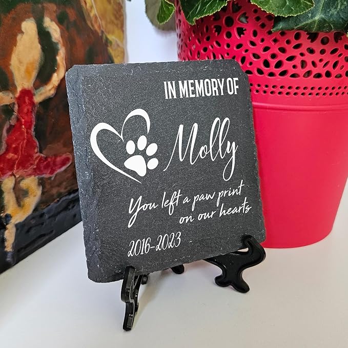 Personalized Individual Square Memorial Plaque + Stand for Pet Cat Dog Slate Stone Frame Paw Grave Marker - Size 3.94" x 3.94" or 100 x 100 mm - Paw Print