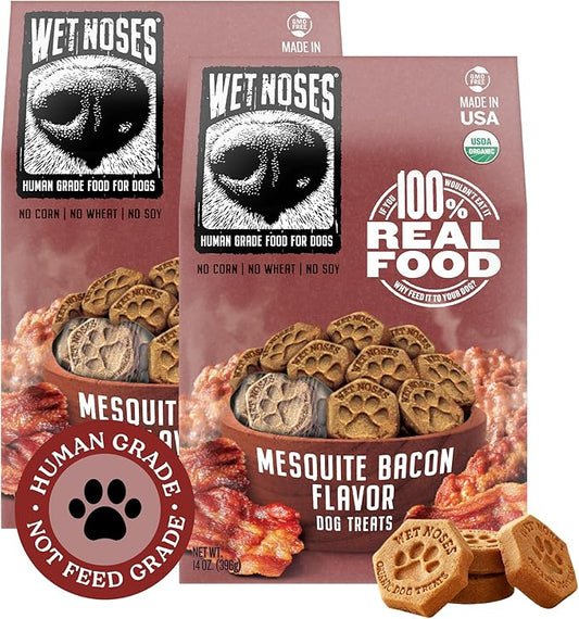 Wet Noses Organic Crunchy Dog Treats – All-Natural, Human-Grade, Non-GMO, Healthy Training & Delicious Snacks for Dogs, for All Dog Sizes & Breeds – Mesquite Bacon, 14oz (2 Pack)