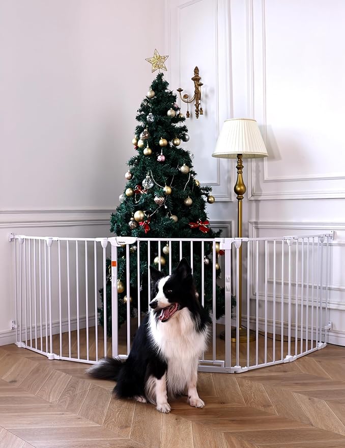 Babelio 104" Extra Wide Baby Gate, 30" Tall Auto Close Dog Fence for Stairs Doorways Fireplace, Hardware Mounted Pet Gate Indoor, Foldable 5 Metal Panels, White