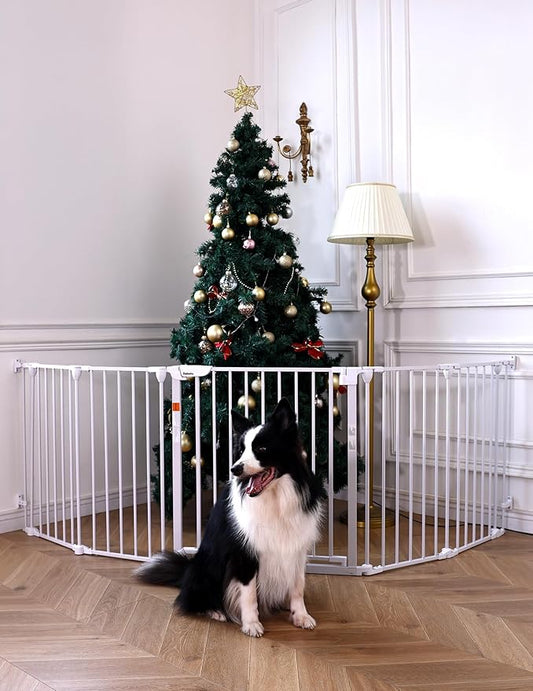 Babelio 104" Extra Wide Baby Gate, 30" Tall Auto Close Dog Fence for Stairs Doorways Fireplace, Hardware Mounted Pet Gate Indoor, Foldable 5 Metal Panels, White