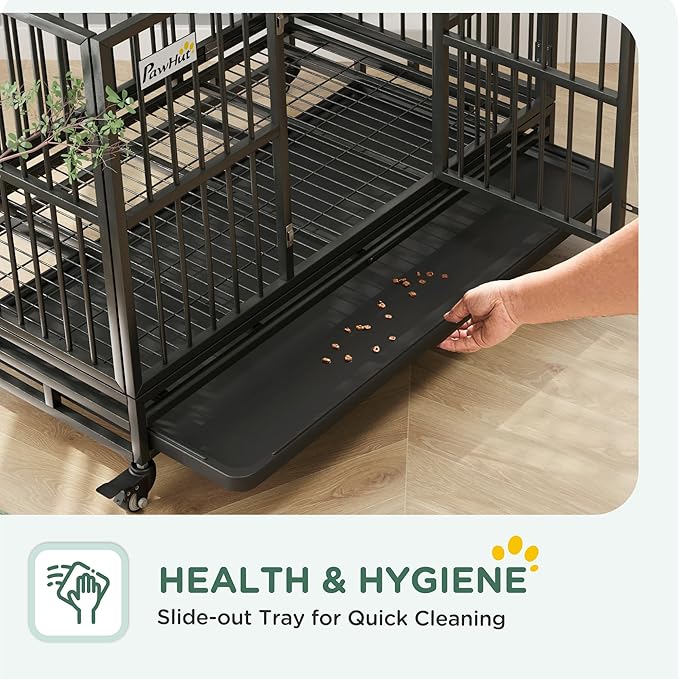 PawHut 48" Heavy Duty Dog Crate Metal Cage Kennel with Lockable Wheels, Double Door and Removable Tray, Gray