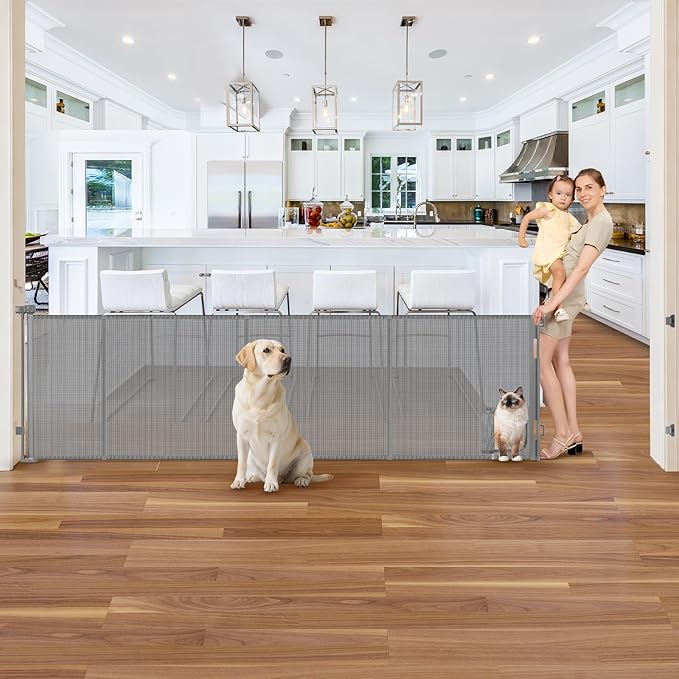 Reinforced 120 Inch Extra Large Retractable Dog Gate with Cat Door 10ft Extra Wide Baby Gates for Large Openings 33 Inch Tall Pet Gate Indoor with Reinforced Strips Long Baby Gates With Cat Door, Gray