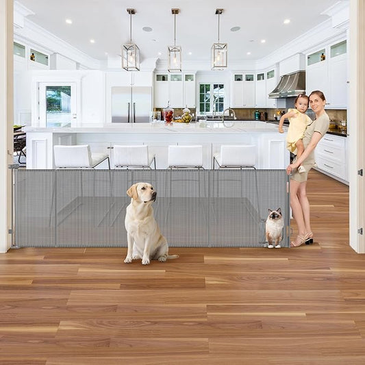 Reinforced 120 Inch Extra Large Retractable Dog Gate with Cat Door 10ft Extra Wide Baby Gates for Large Openings 33 Inch Tall Pet Gate Indoor with Reinforced Strips Long Baby Gates With Cat Door, Gray