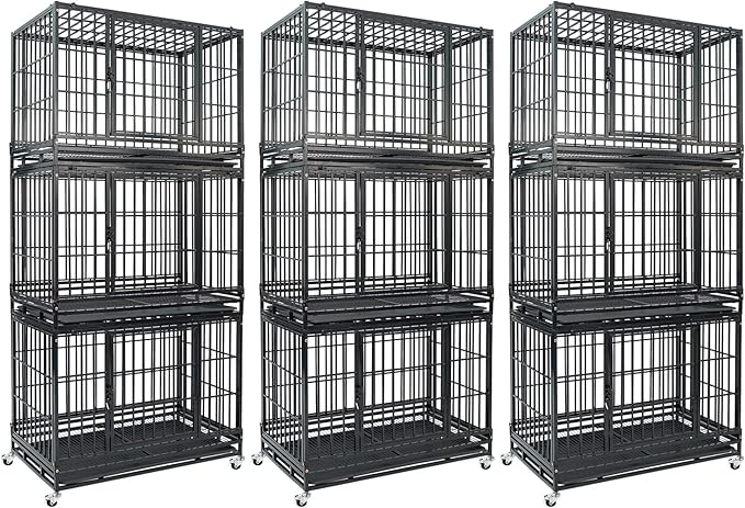 9-Pack 36 inch Stackable Heavy Duty Dog Crate, Metal Escape Proof Dogs Cage Kennel with Lockable Wheels, Removable Tray & Metal Grid, Top Access for High Anxiety Dogs Medium/Small Dogs