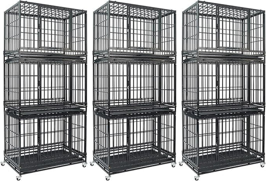 9-Pack 36 inch Stackable Heavy Duty Dog Crate, Metal Escape Proof Dogs Cage Kennel with Lockable Wheels, Removable Tray & Metal Grid, Top Access for High Anxiety Dogs Medium/Small Dogs