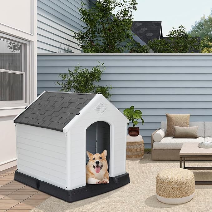Durable Waterproof Plastic Dog House for Small to Large Dogs, Indoor Doghouse Puppy Shelter with Air Vents and Elevated Floor, Outdoor Kennel for Yard, Patio, Garage, Easy to Assemble