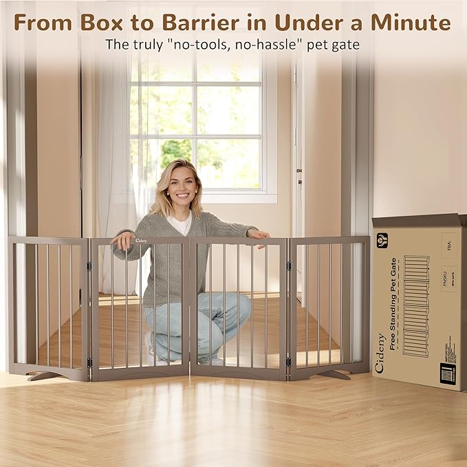 Free Standing Dog Gate Indoor, Foldable Dog Gate for Doorways Stairs Hallways,4-Panel Freestanding Pet Gate with Support Feet for Stability, Folding Puppy Gate Easy to Move, Doggy Gate 72"x24"