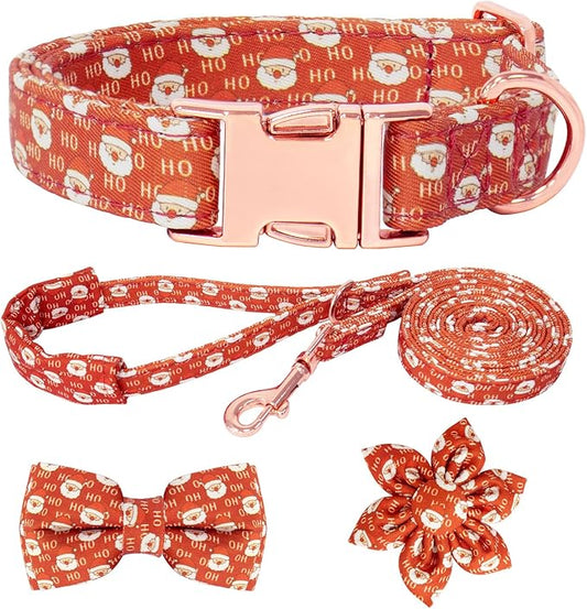 Christmas Dog Collar and Leash Set Girls Adjustable Puppy Collars with Christmas Bow Tie for Small Medium Large Female Dogs, Red Santa Claus, M
