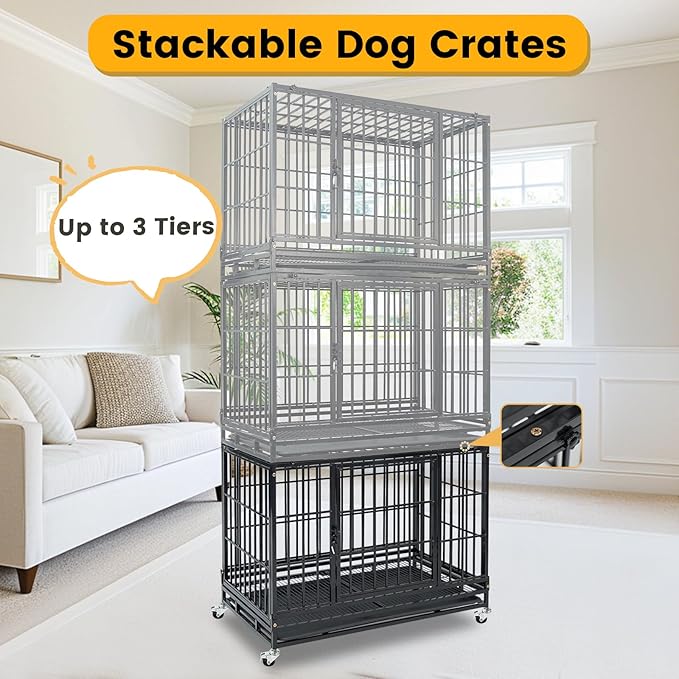 Stackable 36 Inch Dog Crate with Lockable Wheels, Top Access, Heavy Duty Indestructible Escape Proof Dog Crate Cage Kennel Indoor with Removable Tray & Metal Grids for High Anxiety Medium/Small Dogs