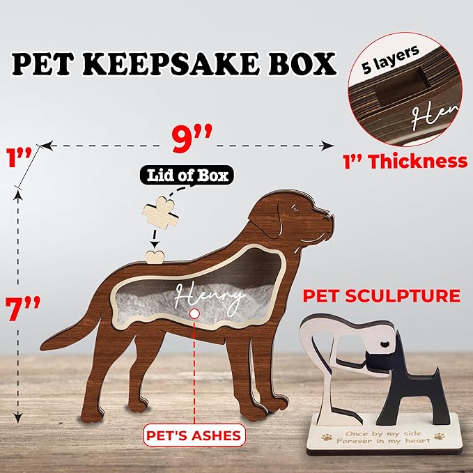 9" Labrador Dog Hair Keepsake Box, Wooden Pet Urns for Dogs, DIY Pet Loss Sympathy Gifts, Unique Gift Dog Shape Standable Table Decor, Idea Gift for Pet Lover Storing Fur Teeth Ashes PSD6-19L