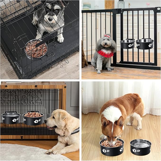 Dog Crate Bowls Hanging 2 Pack, ShineMe Hanging Food and Water Bowl for Dog Cage, Crate, Kennel - No Spill Metal Feeder Crate Bowls for Large and Medium Dogs (7.1x2.9” & 6.2x2.6”)