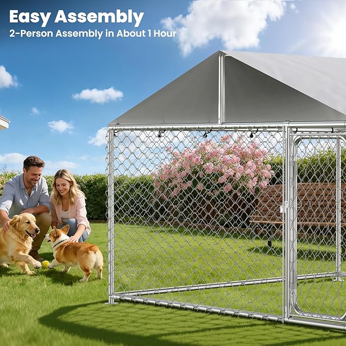 8.3x8.3 FT Heavy-Duty Outdoor Dog Kennel with Waterproof Cover, UV-Resistant Roof, Secure Locking Mechanism for Large Dogs, Metal Enclosure for All Weather Conditions（100x100x85IN）