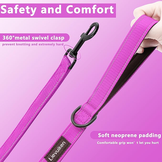 Dog Leash 6ft Long, Double Handle Dog Leash for Safety Control Training, Heavy Duty Dog Leads with Traffic Padded Handles, Reflective Leashes for Small Medium Large Dogs(6ft, Rosered)