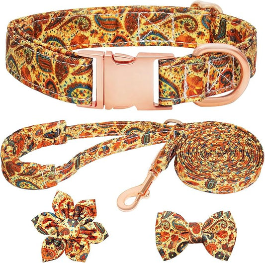 Dog Collar and Leash Set Girls Adjustable Puppy Collars with Floral Bow Tie for Small Medium Large Female Dogs, Orange Paisley, XS