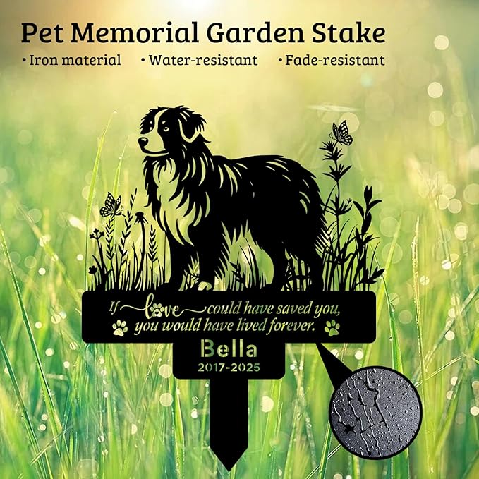 Custom Pet Australian Shepherd Memorial Grave Stake Marker, Custom Pet Garden Metal Stake with Name Date, Pet Memorial Sign, Pet Australian Shepherd Memorial Stakes, Outdoor Pet Garden Decor