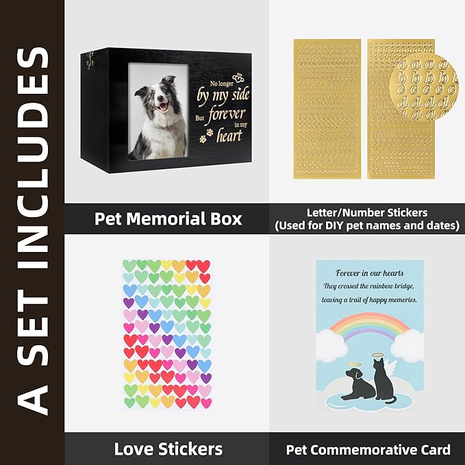 Pet Urns for Dogs or Cats Ashes with Photo Frame, Wooden Memory Box for Keepsakes with Black Flannel as Lining, Pet Memorial Gifts for Dogs (Black Medium)