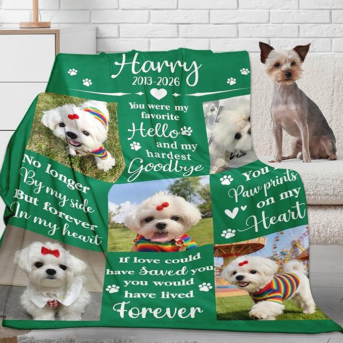 Custom Dog Memorial Blanket with Photos, Pet Memorial Gifts for Dogs, Personalized Dog Blanket with Picture Name, Sympathy Bereavement Remembrance Gifts for Pet Lovers, Cat Passing Away Gifts