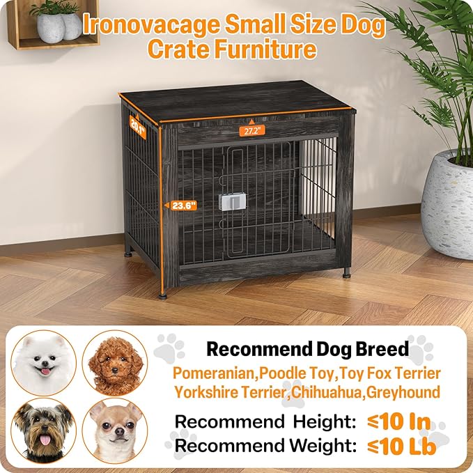 Furniture Style Dog Crate, 27" Wooden Dog Kennel End Table with Solid Top, Indoor Pet Crate House with Secure Slide Lock, Modern Dog Cage Furniture for Small & Medium Dogs, Rustic Brown