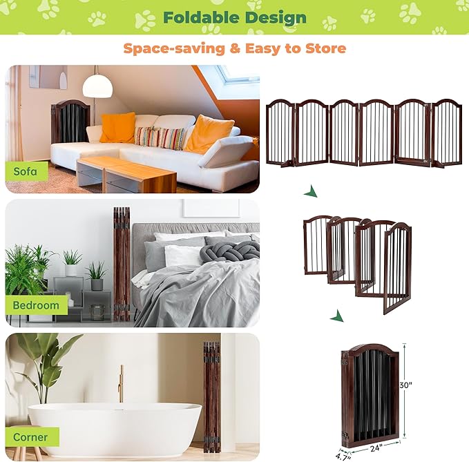 PrimeZone 144" Extra Wide Dog Gate - 6-Panel 30" Tall Solid Acacia Wooden Freestanding Puppy Gates with Door, Foldable Indoor Pet Fence for Doorways, Stairs, Support Feet Included, Brown