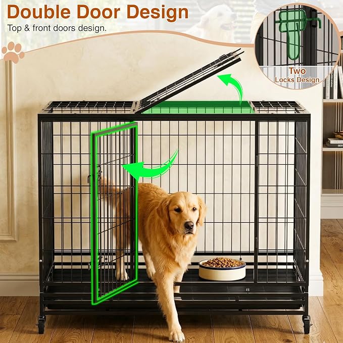 Dog Crate Cage for Large Dogs Heavy Duty 48/42/36Inches Dog Kennel Pet Playpen for Training Indoor Outdoor with Plastic Tray Double Doors & Locks Design (42")