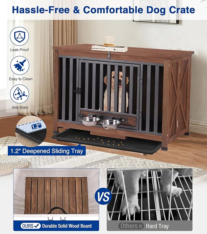 Dog Crate Furniture, Foldable Wooden Dog Kennel Furniture with 360° Rotating Feeding Bowls, Iron Frame Dog Crate with Deepened Sliding Tray - Dark Brown