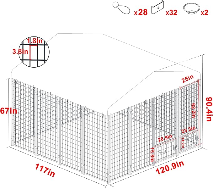 MUPATER Dog Kennel Outdoor 10' x 10', Large Dog House with Roof and Lockable Door, Heavy Duty Dog Enclosure with Rotating Feeding Door for Backyard