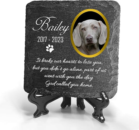 Personalized Individual Square Memorial Plaque + Stand for Pet Cat Dog Slate Stone Frame Paw Grave Marker - Size 3.94" x 3.94" or 100 x 100 mm - Photo