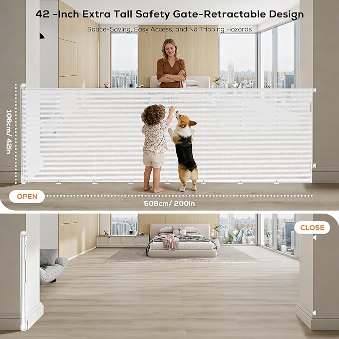 Retractable Baby Gate for Stairs, 42" Tall X 200" Wide Mesh Dog Gate Indoor, Child Gate for Doorways, Hallways, Deck, Indoor Outdoor Pet Baby Safety Essentials for Home, White
