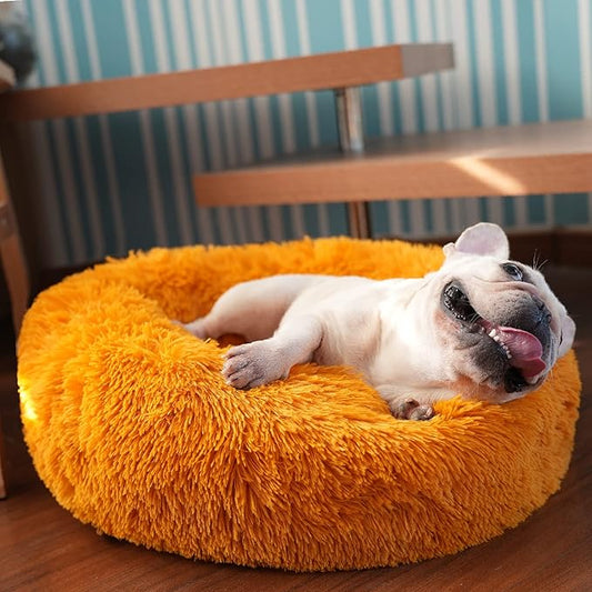 Calming Donut Dogs Beds for Small Dogs Washable,23inch Plush Round Pet Bed for Cozy Sleep,Fluffy Faux Fur Large Cat Bed,Fits up to 25 lbs Pets,Orange