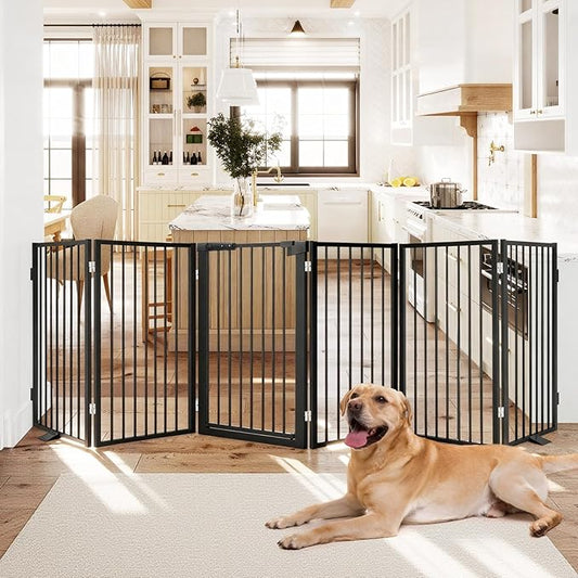 Snagle Paw Metal Freestanding Dog Gate with Door,120” W x 36” H Dog Fence with Support Feet for Doorways, Stairs and Hallways, Portable Pet Gate for Indoor Use (6 Panel, Black)
